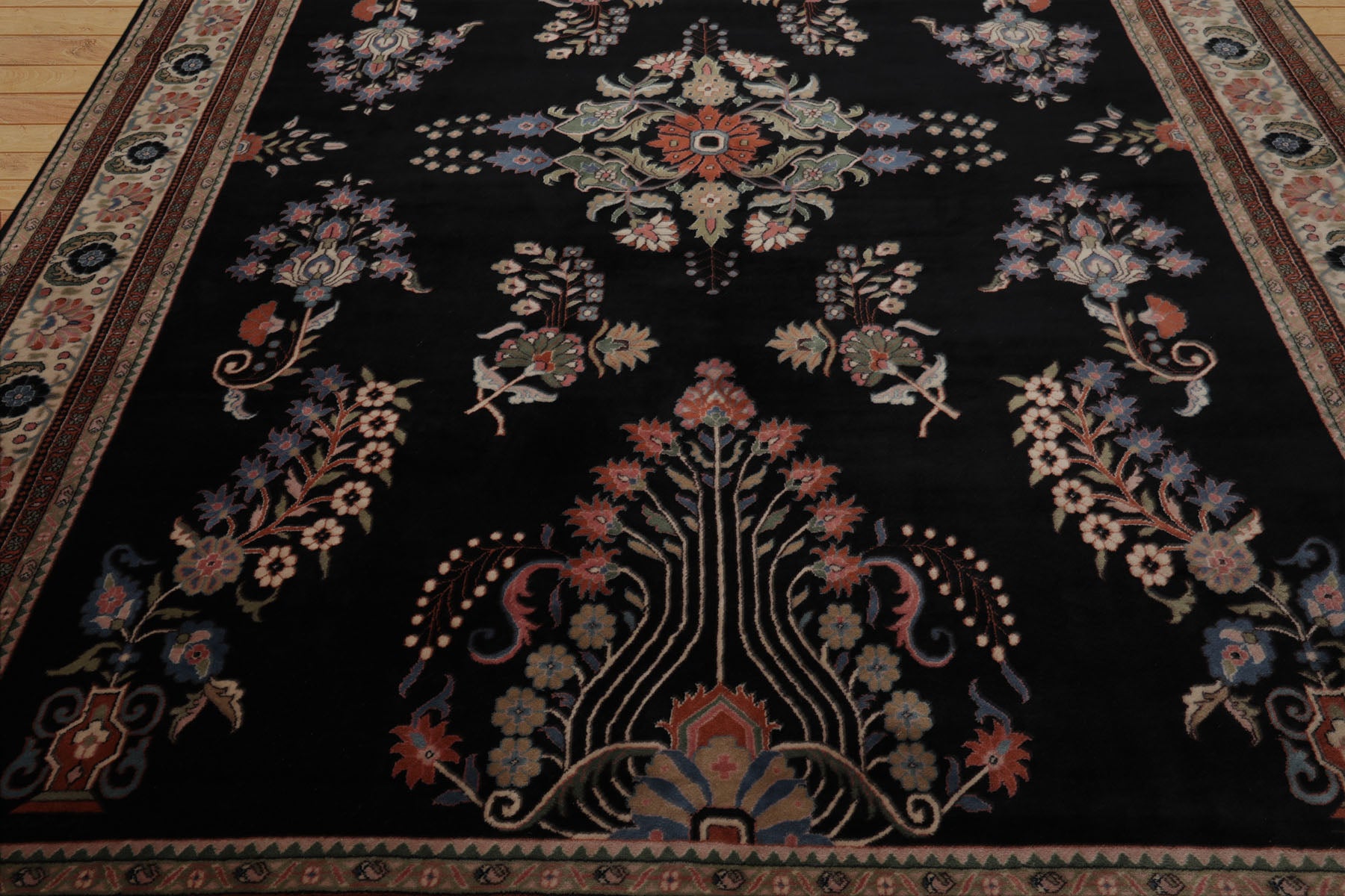 9x12 Black, Ivory, Green Color Hand Knotted Sarouk New Zealand Wool Traditional Oriental Rug