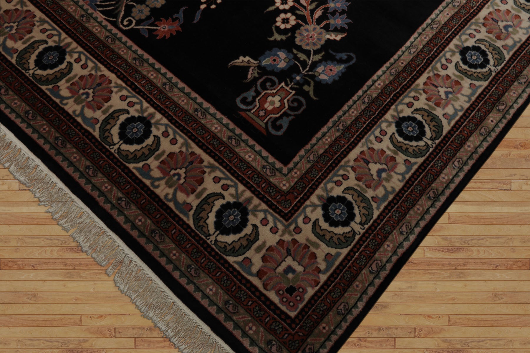9x12 Black, Ivory, Green Color Hand Knotted Sarouk New Zealand Wool Traditional Oriental Rug