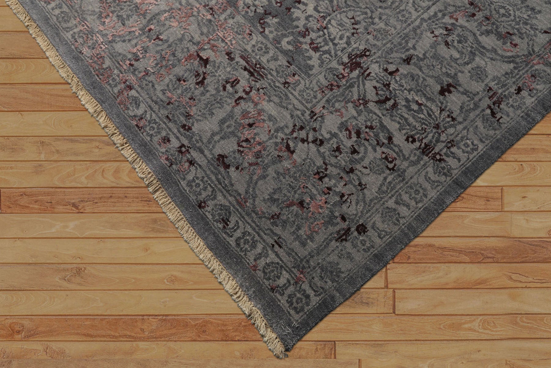 8x10 Gray, Blue, Plum Color Hand Knotted Sherpa Wool & Bamboo Silk Transitional Oriental Rug