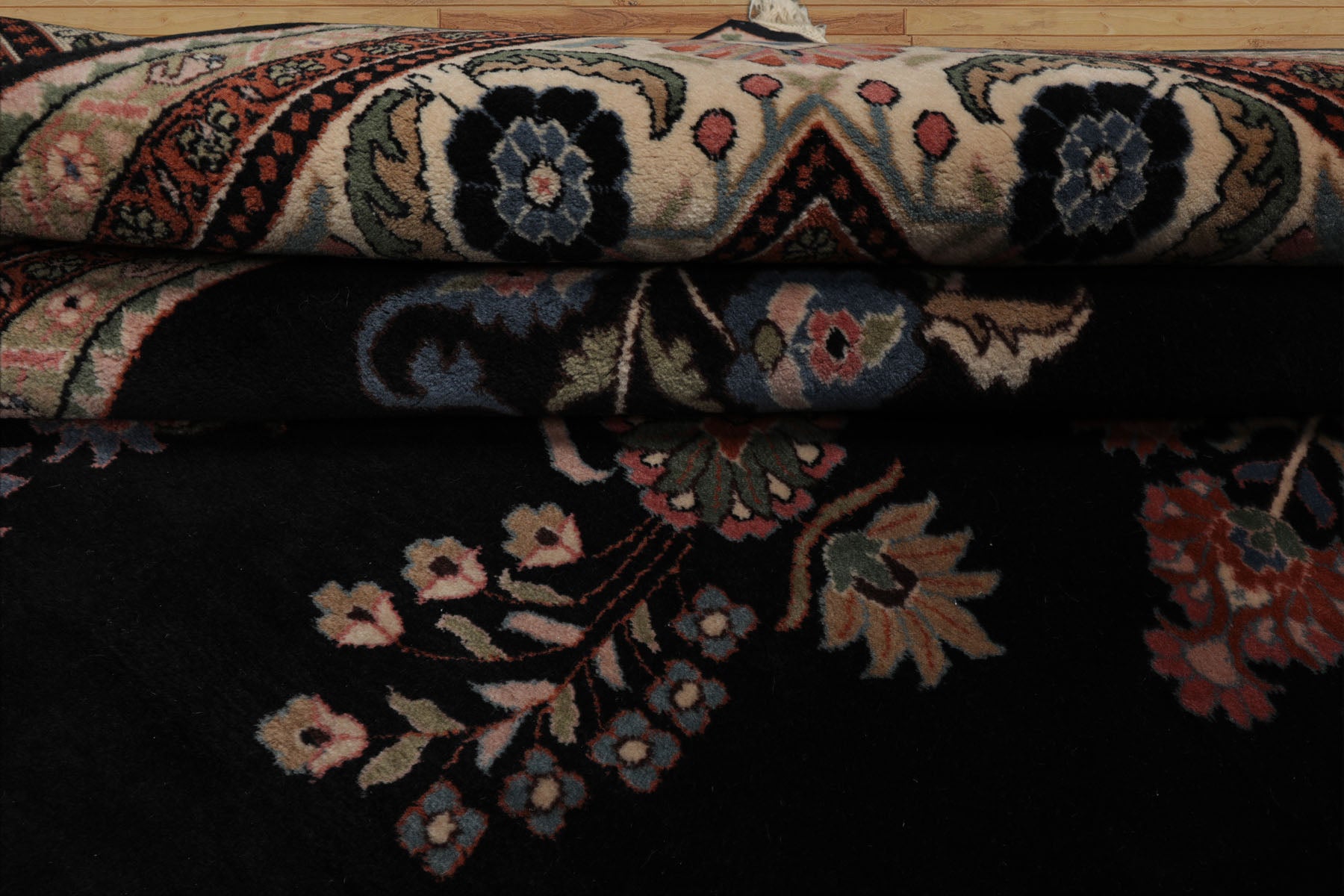 9x12 Black, Ivory, Green Color Hand Knotted Sarouk New Zealand Wool Traditional Oriental Rug
