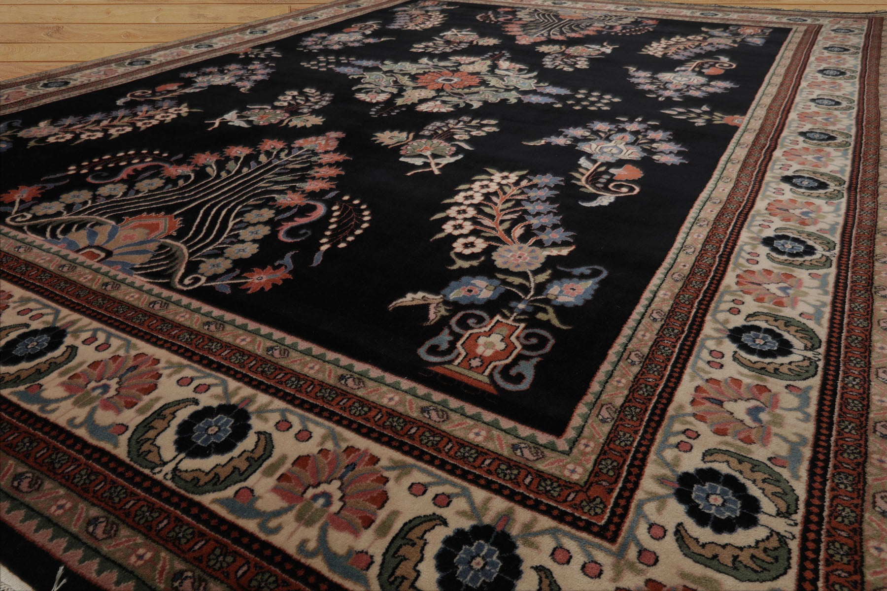 9x12 Black, Ivory, Green Color Hand Knotted Sarouk New Zealand Wool Traditional Oriental Rug
