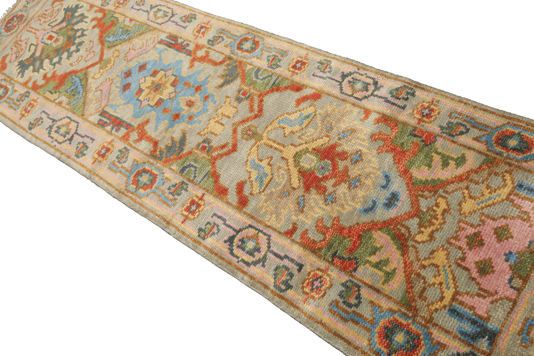 Runner Gray, Mint, Blush Color Hand Knotted Oushak Wool Traditional Oriental Rug