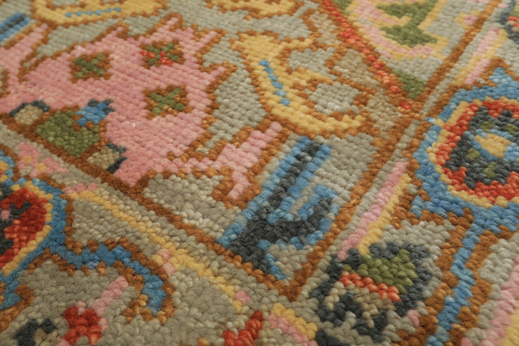 Runner Gray, Mint, Blush Color Hand Knotted Oushak Wool Traditional Oriental Rug