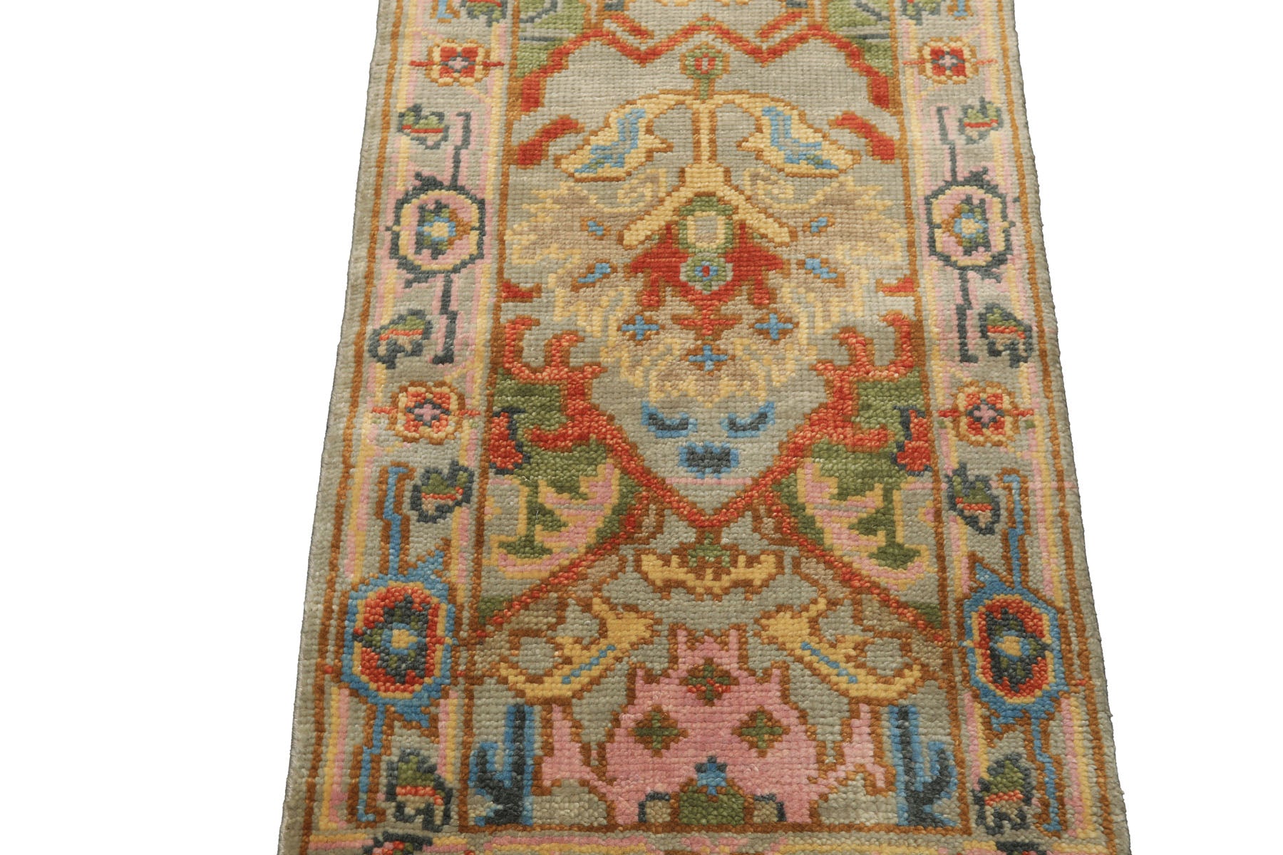 Runner Gray, Mint, Blush Color Hand Knotted Oushak Wool Traditional Oriental Rug