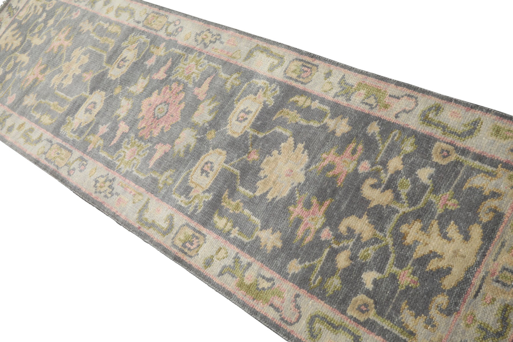 Runner Gray, Mint, Beige Color Hand Knotted Oushak Wool Traditional Oriental Rug