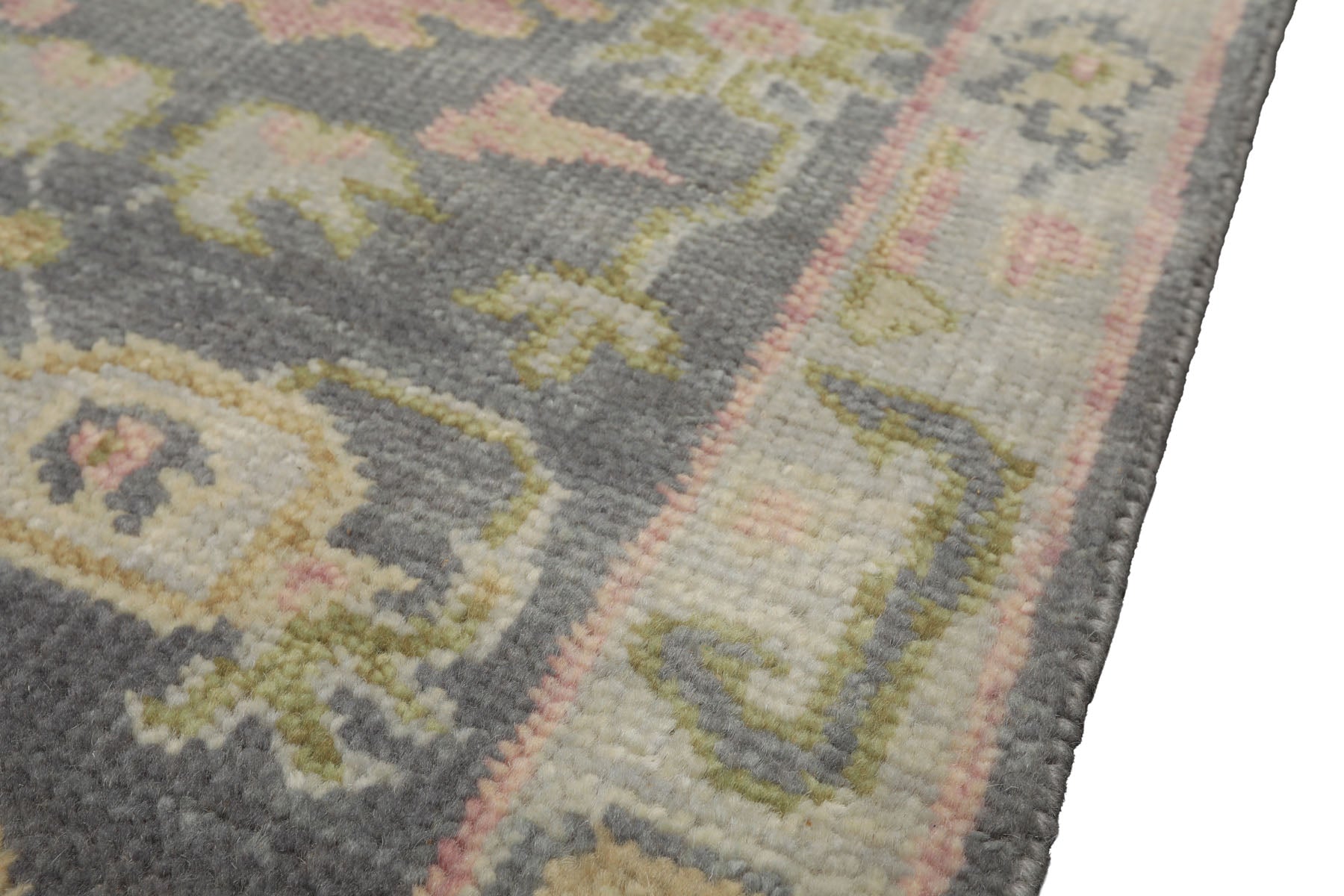 Runner Gray, Mint, Beige Color Hand Knotted Oushak Wool Traditional Oriental Rug