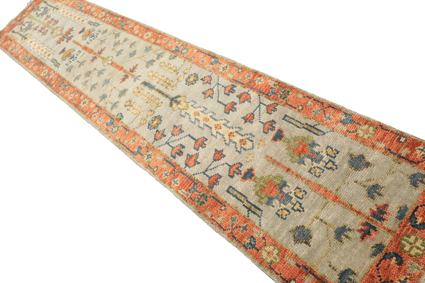 Runner Gray, Mint, Beige Color Hand Knotted Oushak Wool Traditional Oriental Rug