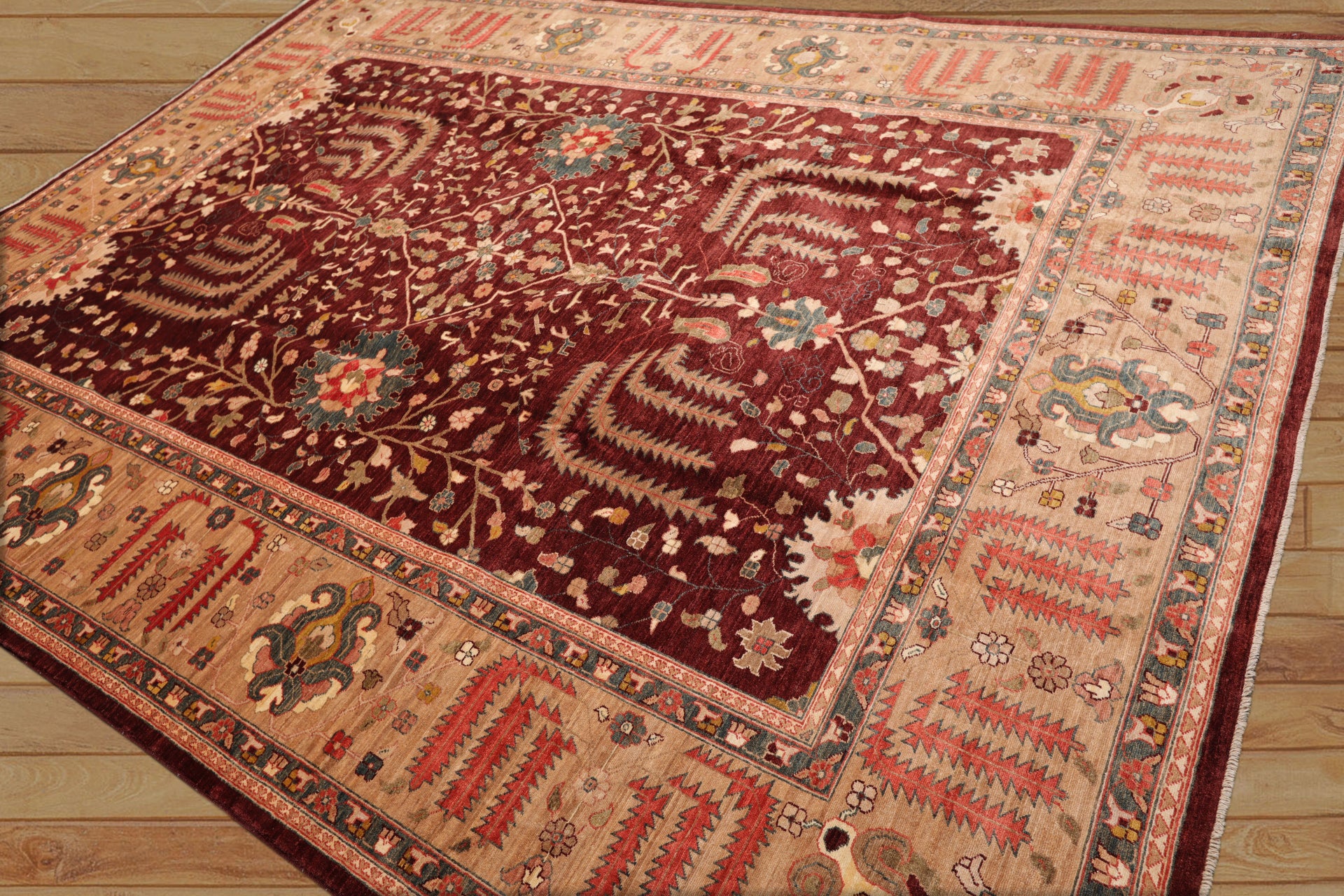 9x12 Maroon, Tan, Coral Color Hand Knotted All-Over 100% Wool Traditional-Persian/Oriental Oriental Rug