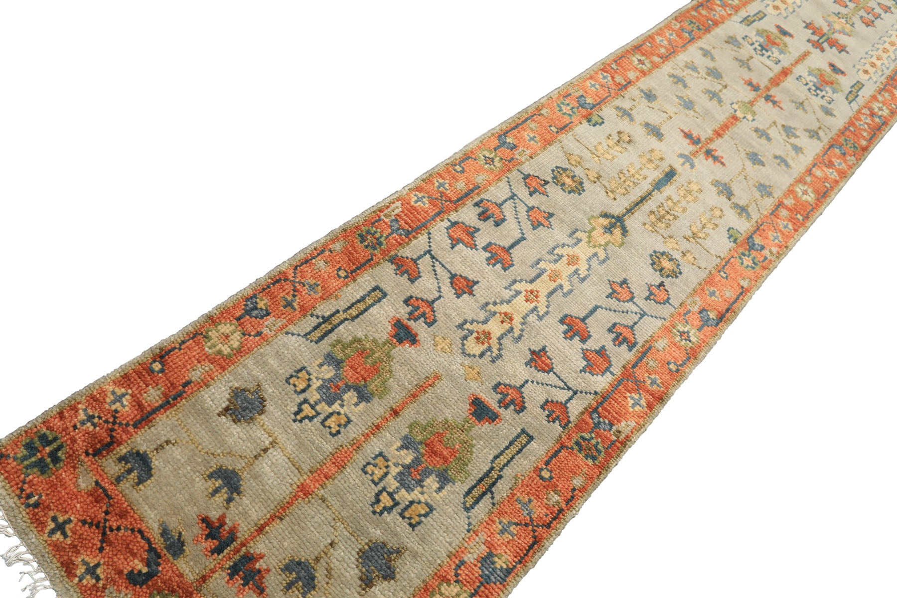 Runner Gray, Mint, Beige Color Hand Knotted Oushak Wool Traditional Oriental Rug