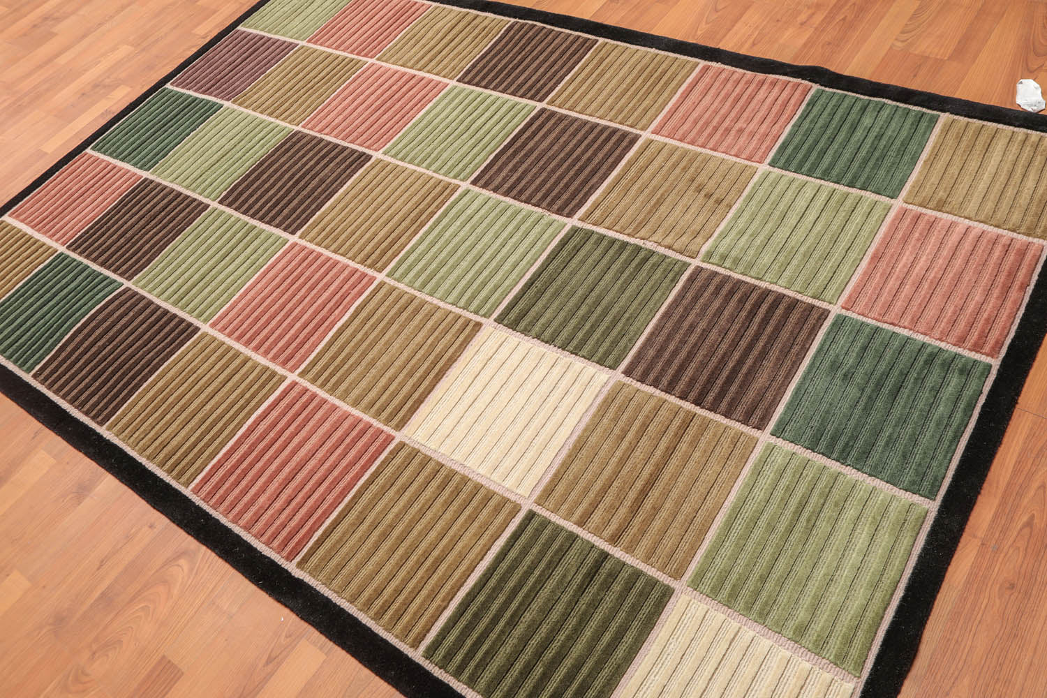 5x7 Black, Beige, Green Color Hand Knotted Checked 100% Wool Modern Oriental Rug