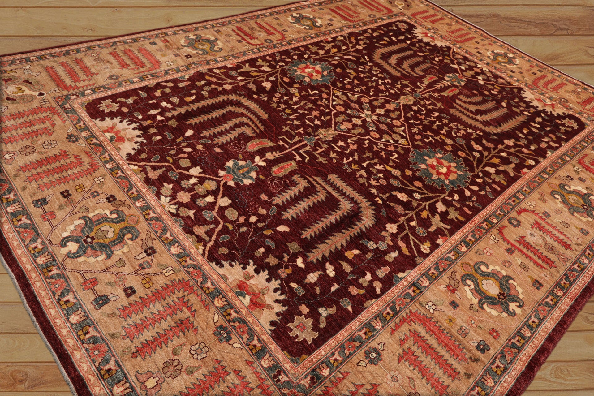 9x12 Maroon, Tan, Coral Color Hand Knotted All-Over 100% Wool Traditional-Persian/Oriental Oriental Rug