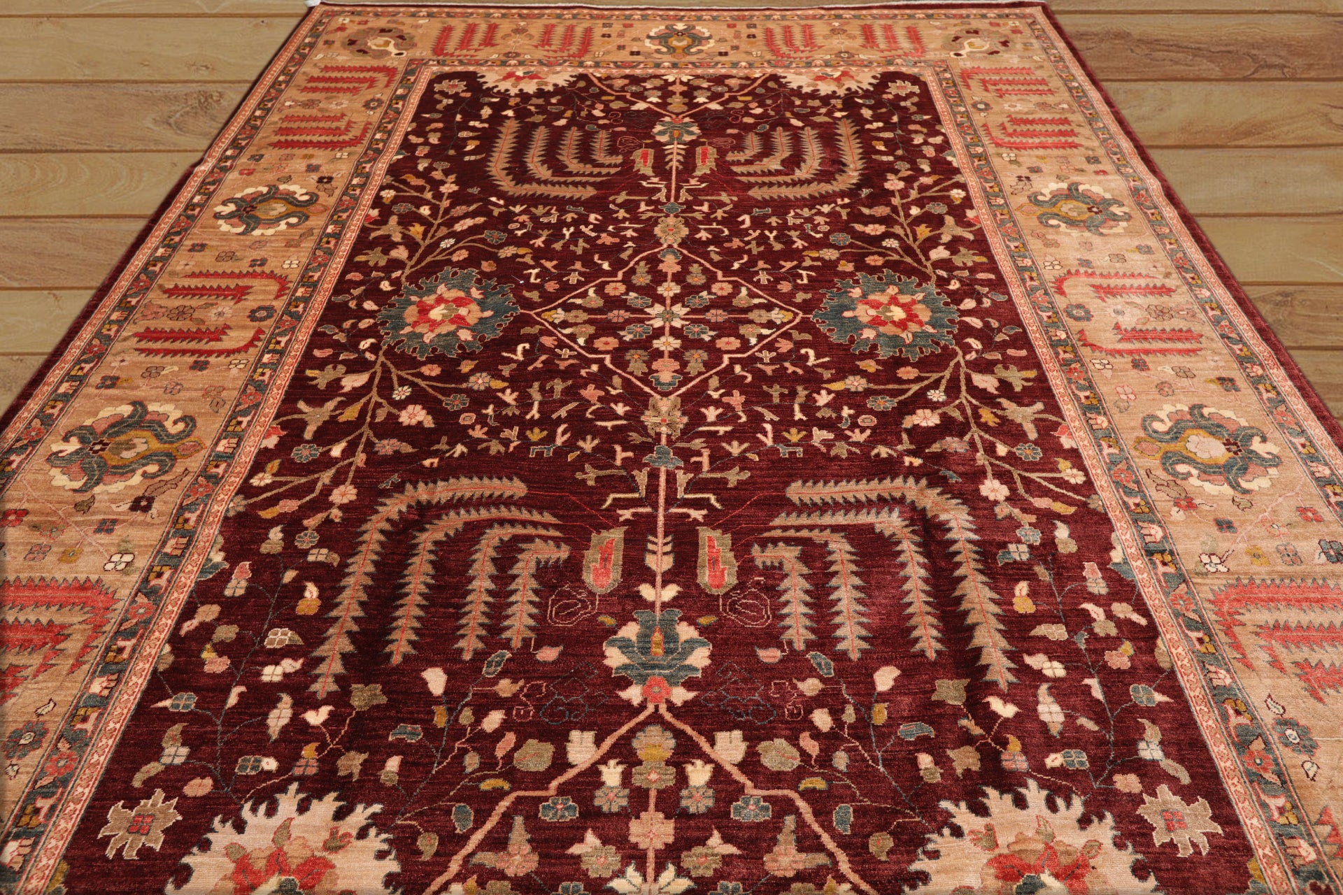 9x12 Maroon, Tan, Coral Color Hand Knotted All-Over 100% Wool Traditional-Persian/Oriental Oriental Rug