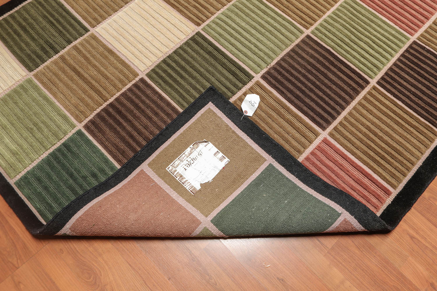 5x7 Black, Beige, Green Color Hand Knotted Checked 100% Wool Modern Oriental Rug