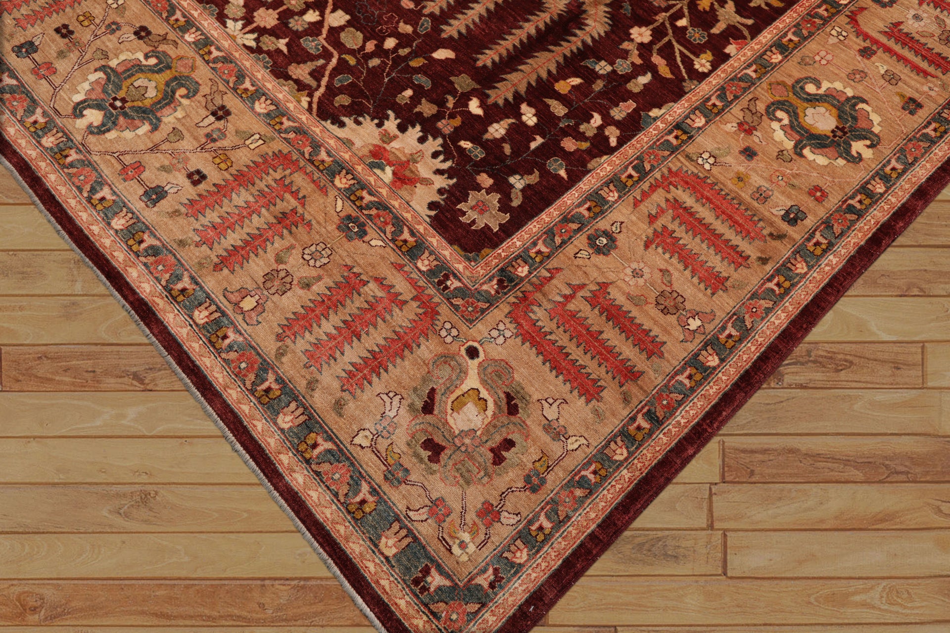 9x12 Maroon, Tan, Coral Color Hand Knotted All-Over 100% Wool Traditional-Persian/Oriental Oriental Rug