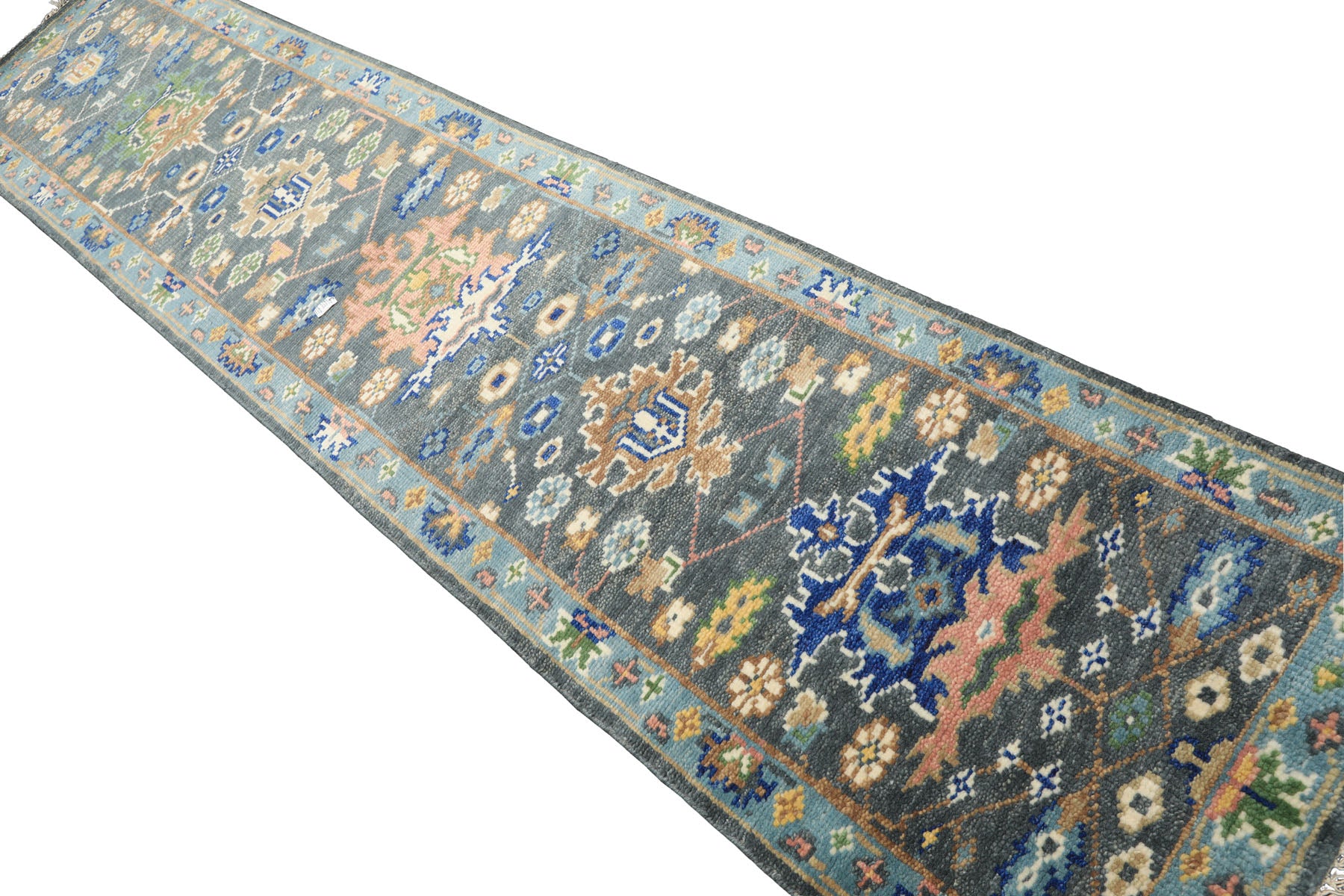 Runner Slate, Aqua, Navy Color Hand Knotted Oushak Wool Traditional Oriental Rug