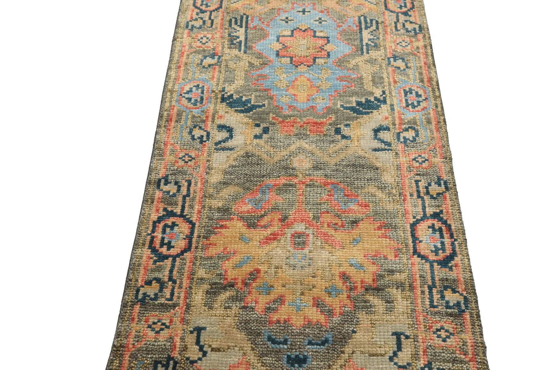 Runner Moss, Gold, Blush Color Hand Knotted Oushak Wool Traditional Oriental Rug
