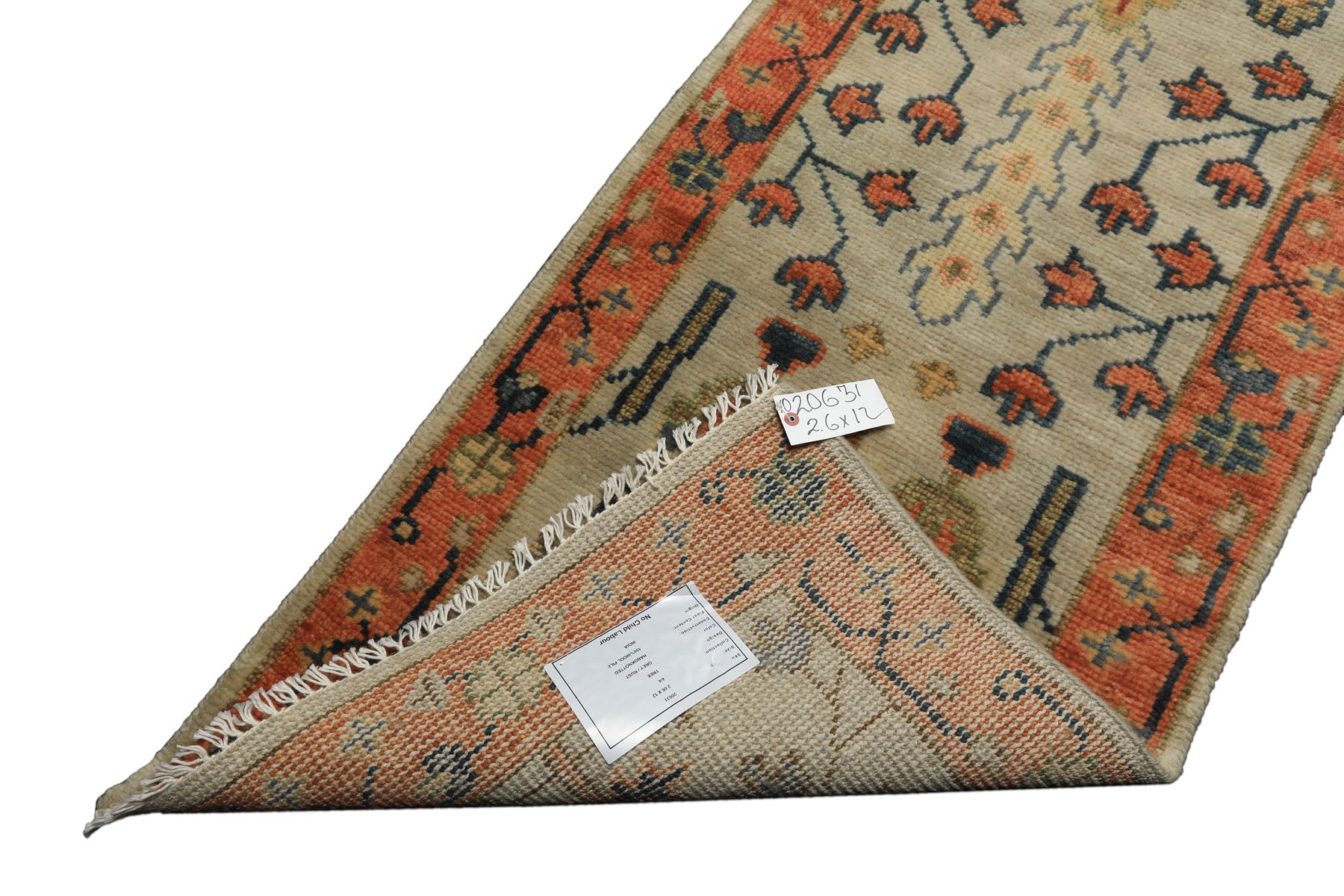 Runner Beige, Burnt Orange, Lime Color Hand Knotted Oushak Wool Traditional Oriental Rug