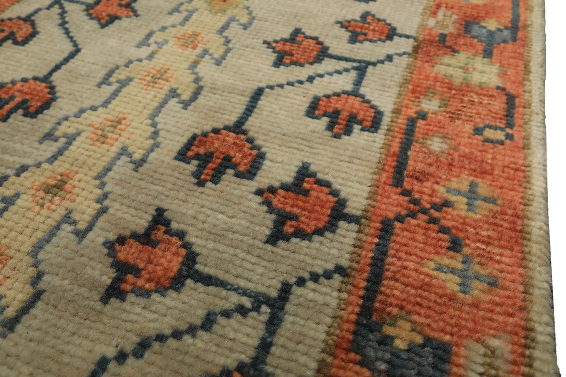 Runner Beige, Burnt Orange, Lime Color Hand Knotted Oushak Wool Traditional Oriental Rug