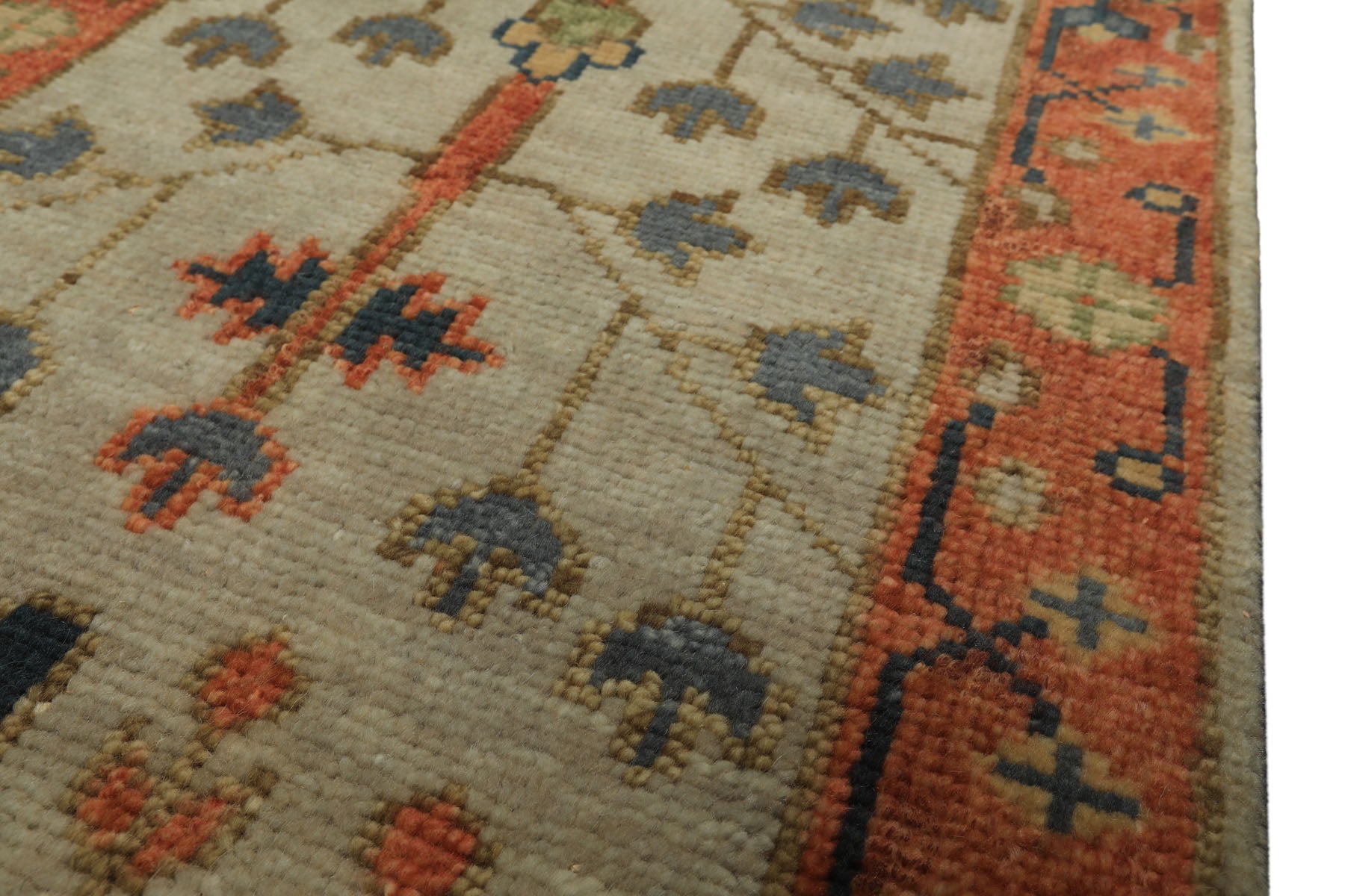 Runner Beige, Burnt Orange, Lime Color Hand Knotted Oushak Wool Traditional Oriental Rug