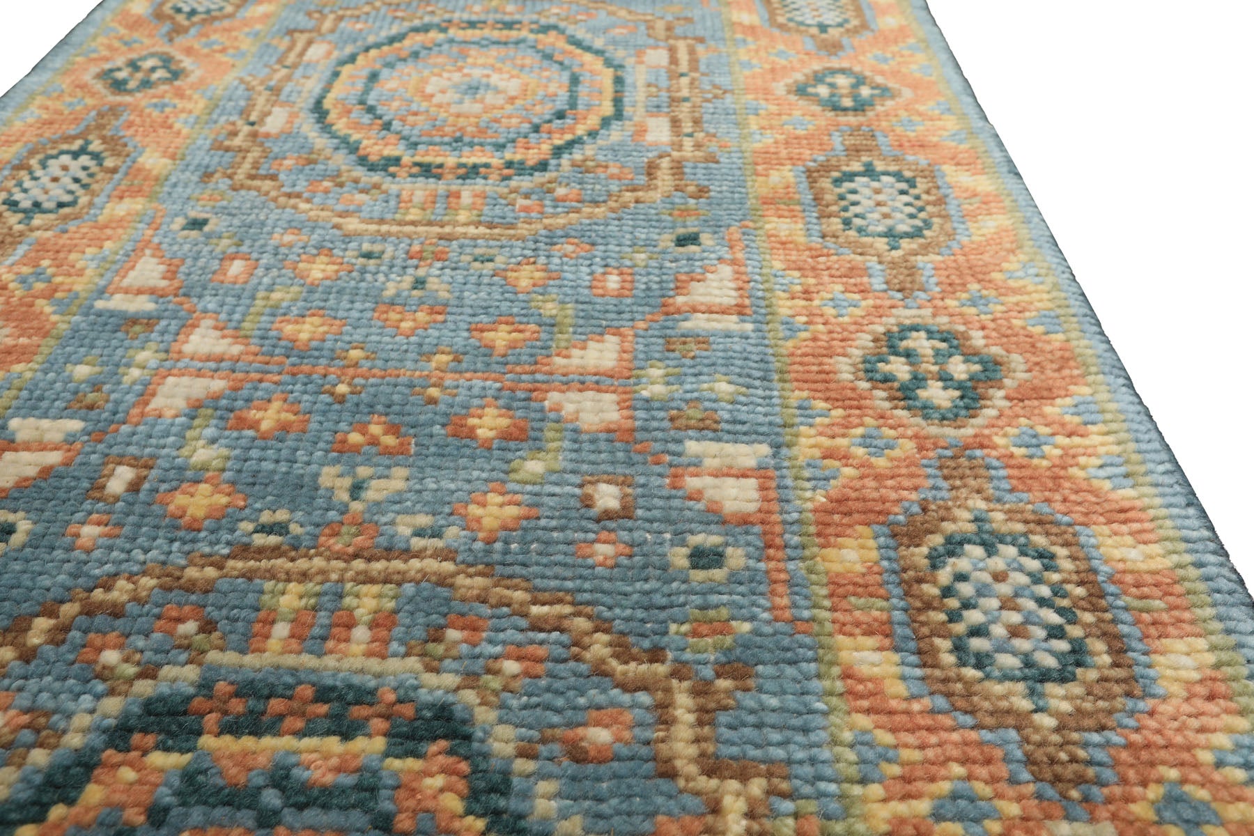 Runner Aqua, Burnt Orange, Lime Color Hand Knotted Oushak Wool Traditional Oriental Rug