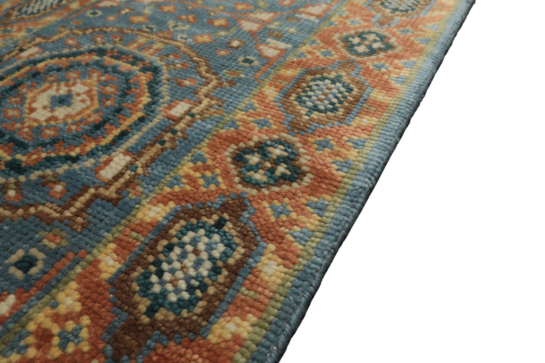 Runner Aqua, Burnt Orange, Lime Color Hand Knotted Oushak Wool Traditional Oriental Rug
