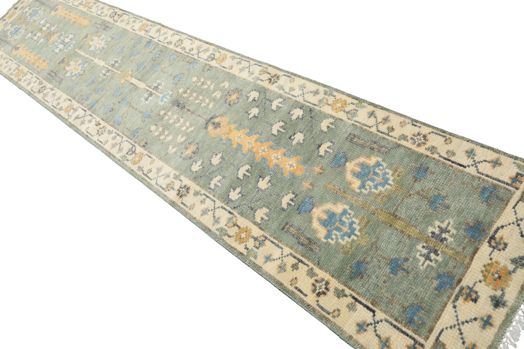 Runner Celadon, Ivory, Caramel Color Hand Knotted Oushak Wool Traditional Oriental Rug