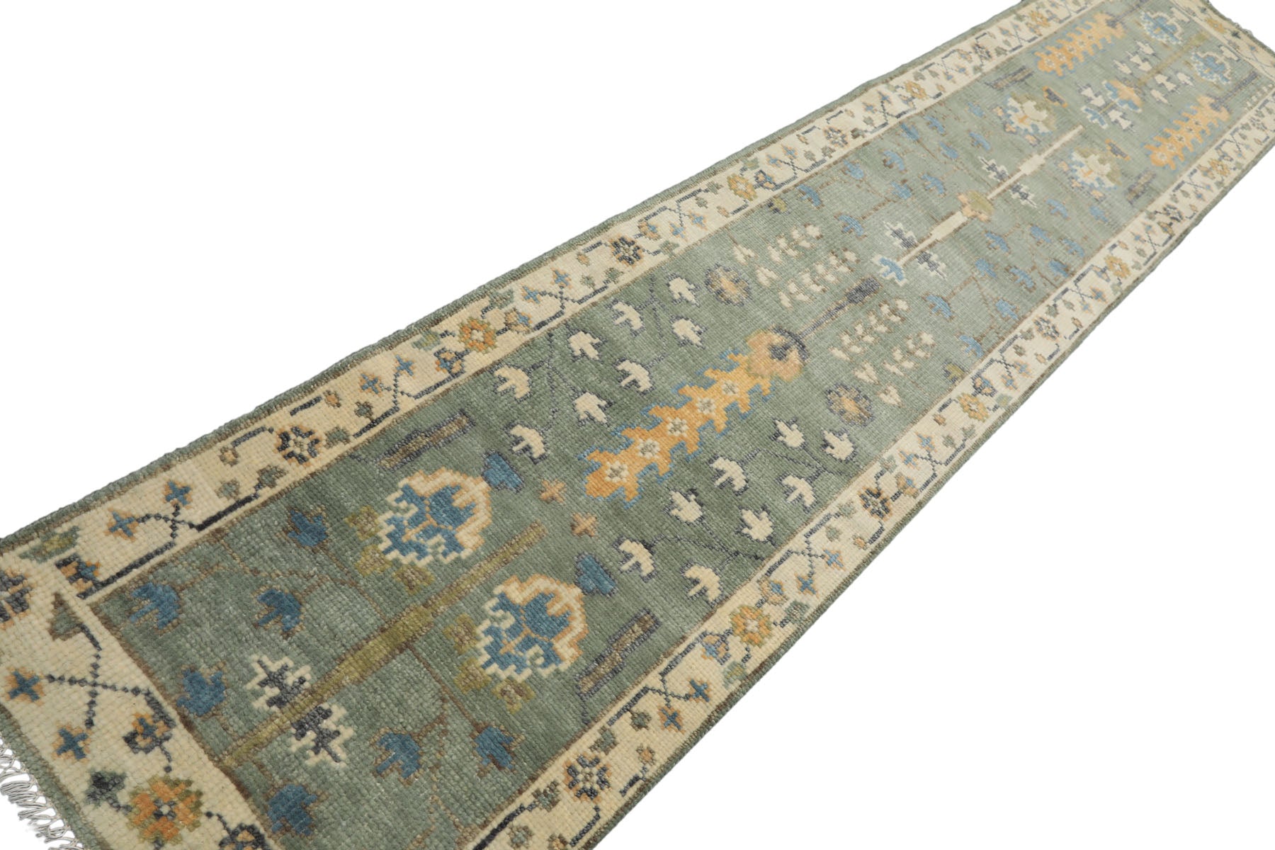 Runner Celadon, Ivory, Caramel Color Hand Knotted Oushak Wool Traditional Oriental Rug