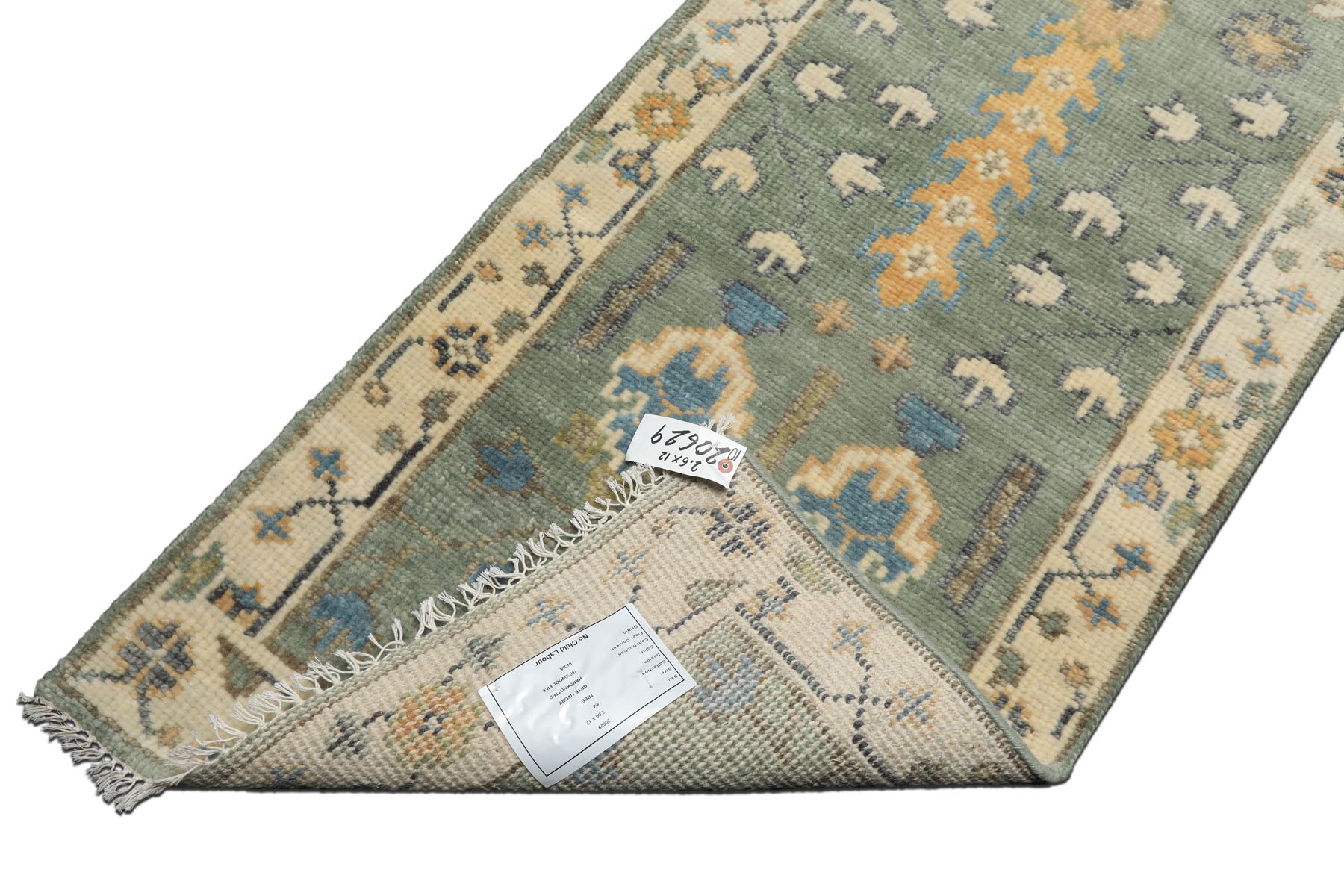 Runner Celadon, Ivory, Caramel Color Hand Knotted Oushak Wool Traditional Oriental Rug
