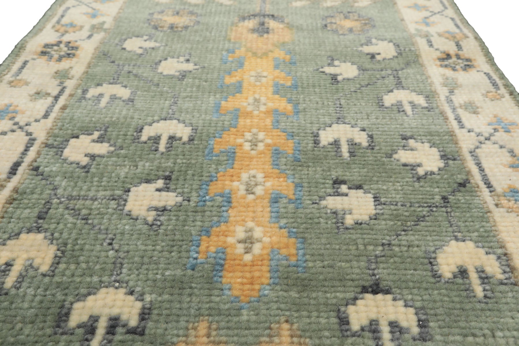 Runner Celadon, Ivory, Caramel Color Hand Knotted Oushak Wool Traditional Oriental Rug