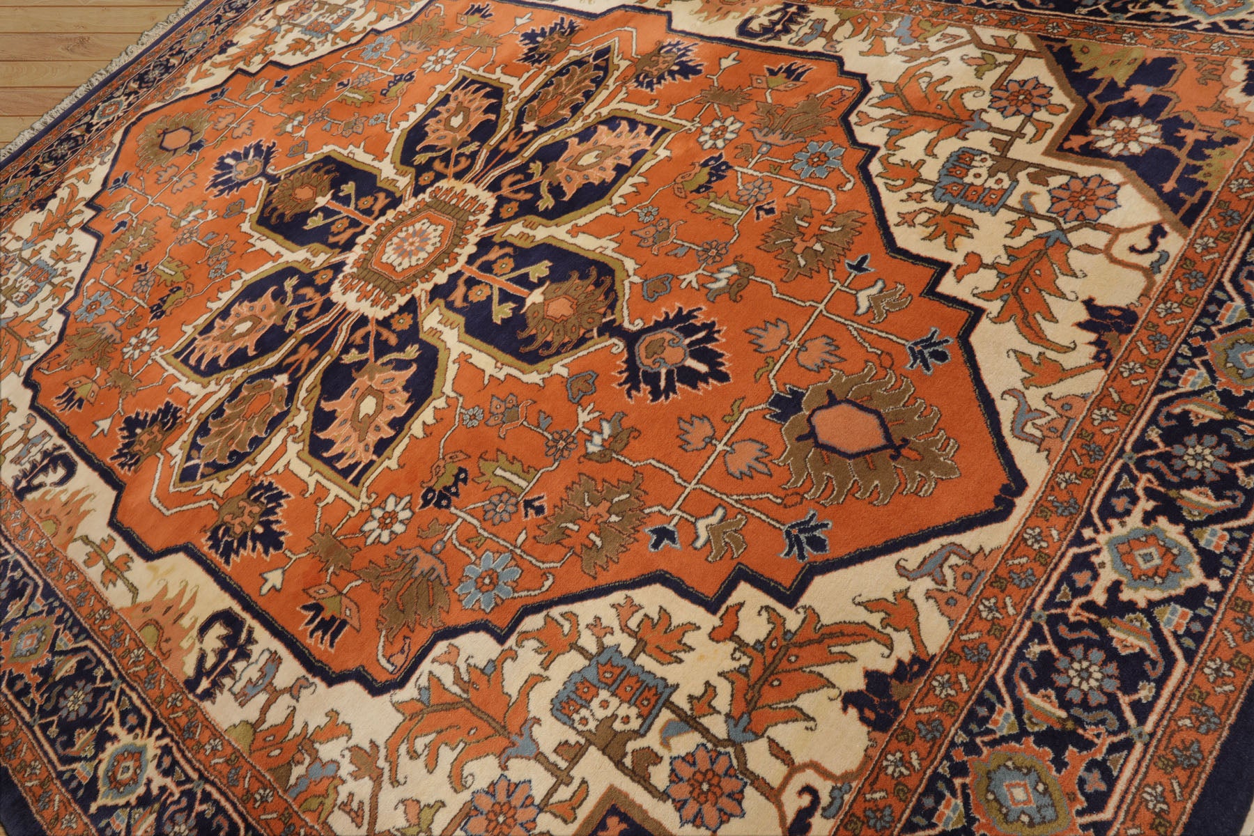 9x12 Muted Orange, Ivory, Navy Color Hand Knotted Heriz Wool Traditional  Oriental Rug