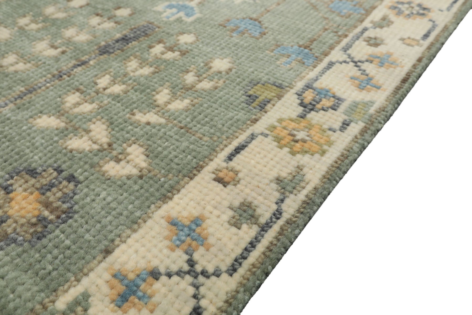 Runner Celadon, Ivory, Caramel Color Hand Knotted Oushak Wool Traditional Oriental Rug