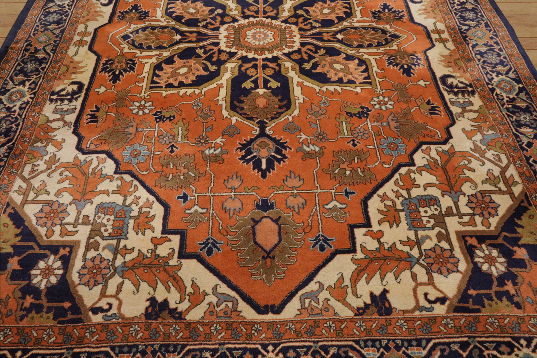 9x12 Muted Orange, Ivory, Navy Color Hand Knotted Heriz Wool Traditional  Oriental Rug