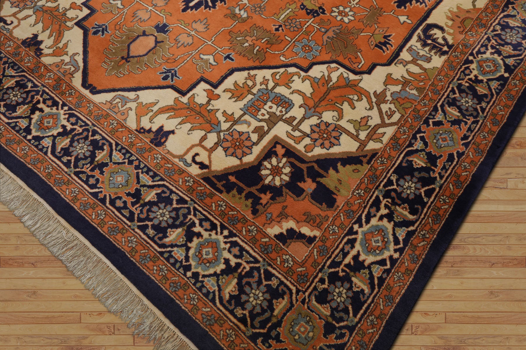 9x12 Muted Orange, Ivory, Navy Color Hand Knotted Heriz Wool Traditional  Oriental Rug