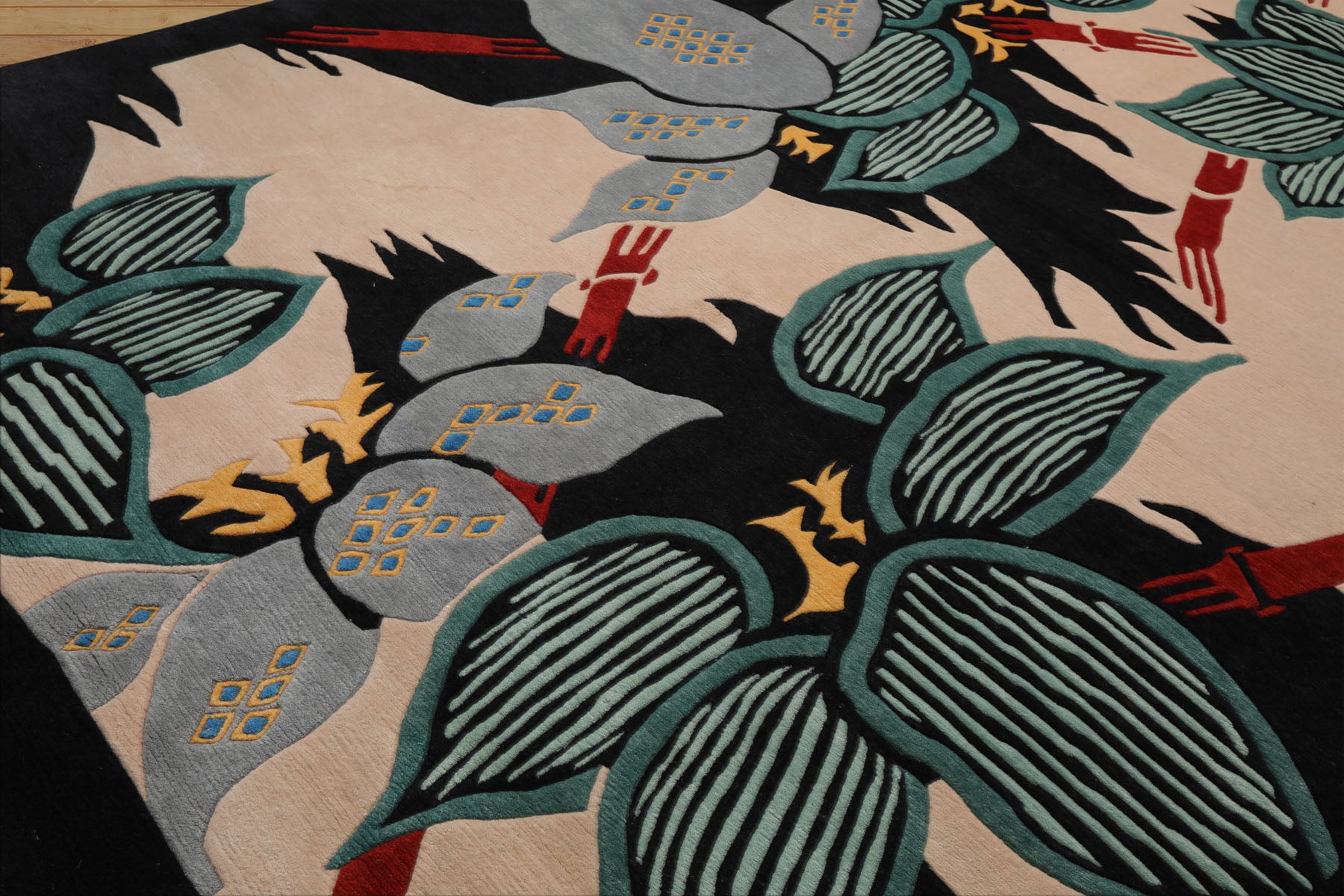 9x12 Ivory, Charcoal, Turquoise Color Hand Knotted Tibetan Wool Art Deco Oriental Rug