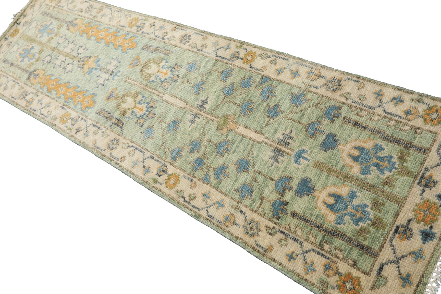 Runner Mint, Ivory, Gold Color Hand Knotted Oushak Wool Traditional Oriental Rug