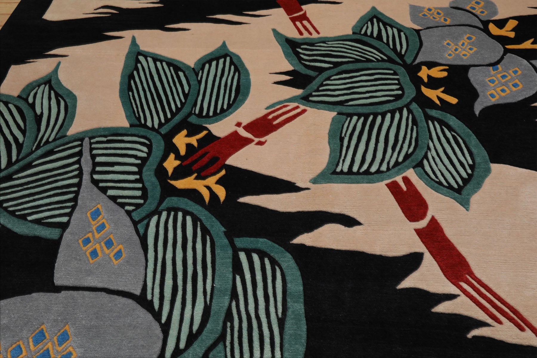 9x12 Ivory, Charcoal, Turquoise Color Hand Knotted Tibetan Wool Art Deco Oriental Rug