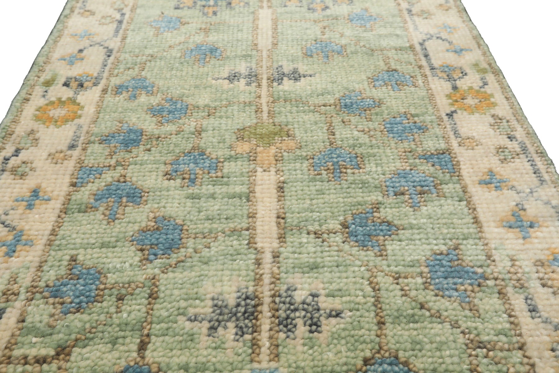 Runner Mint, Ivory, Gold Color Hand Knotted Oushak Wool Traditional Oriental Rug