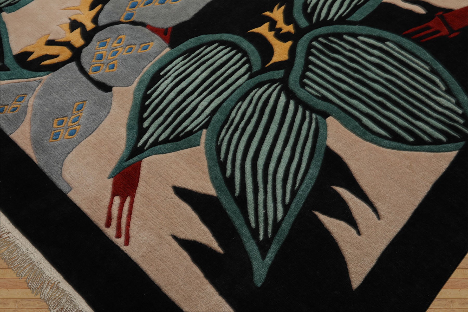 9x12 Ivory, Charcoal, Turquoise Color Hand Knotted Tibetan Wool Art Deco Oriental Rug