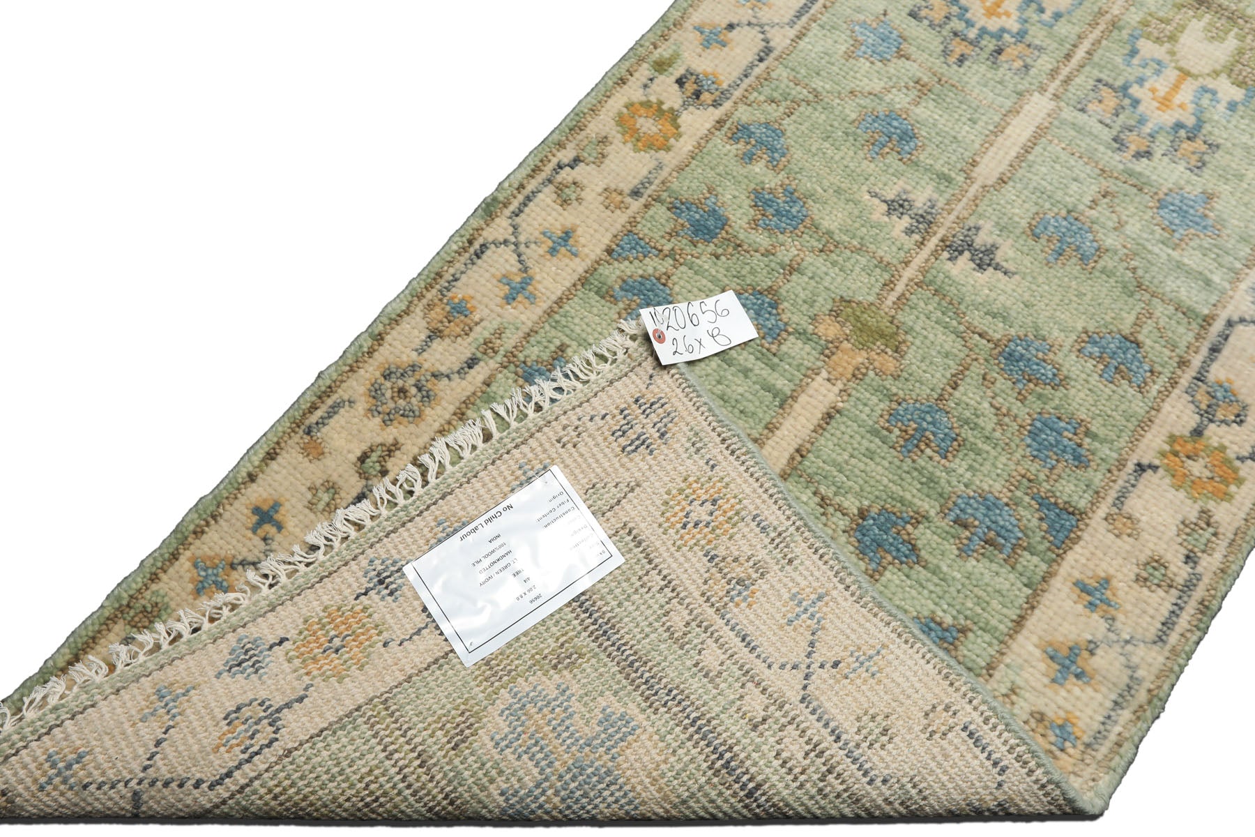 Runner Mint, Ivory, Gold Color Hand Knotted Oushak Wool Traditional Oriental Rug