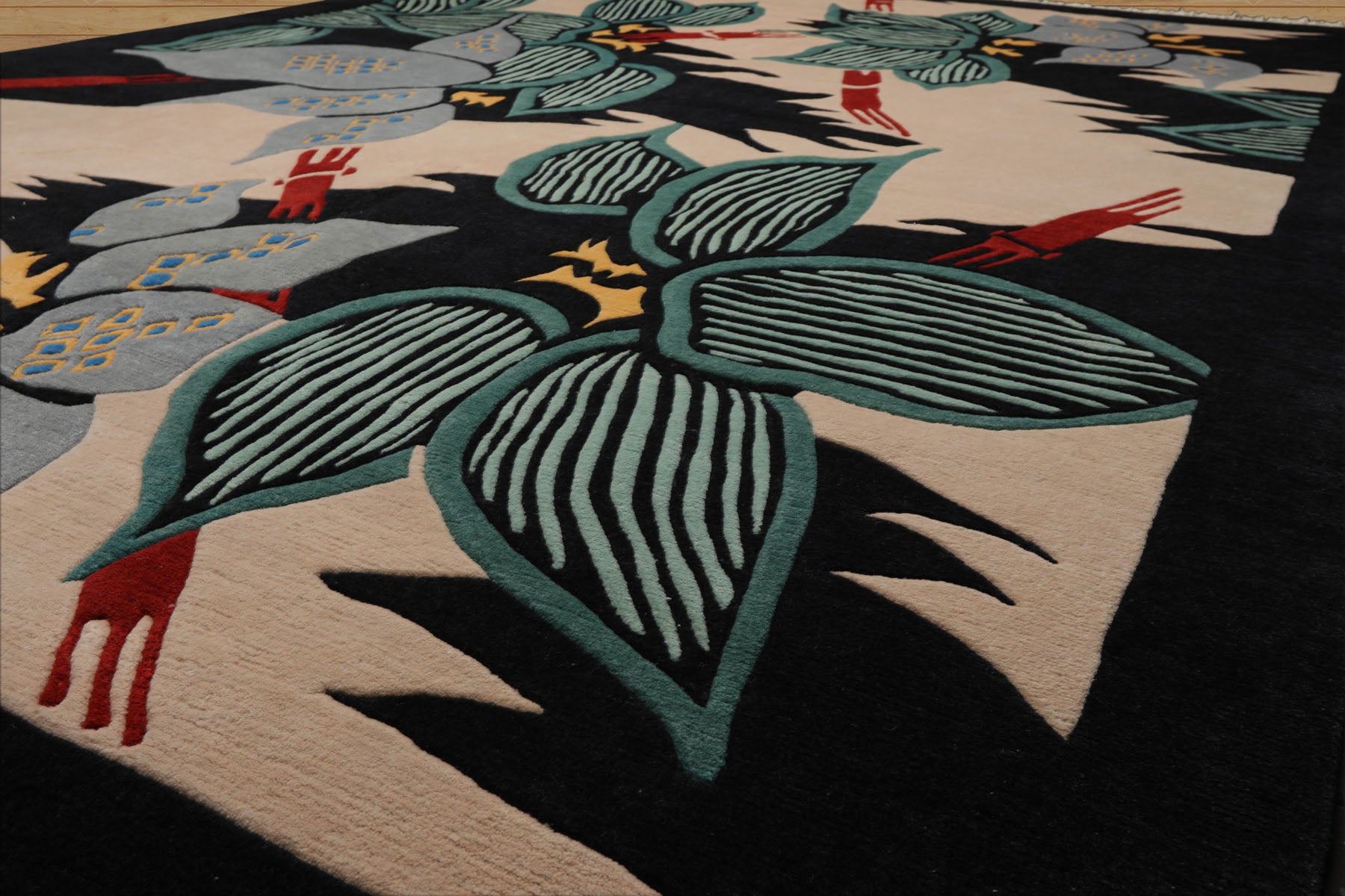 9x12 Ivory, Charcoal, Turquoise Color Hand Knotted Tibetan Wool Art Deco Oriental Rug