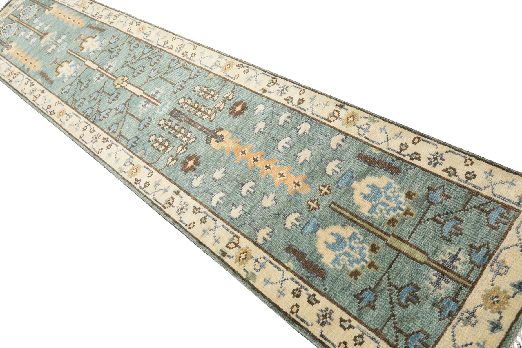 Runner Celadon, Ivory, Brown Color Hand Knotted Oushak Wool Traditional Oriental Rug
