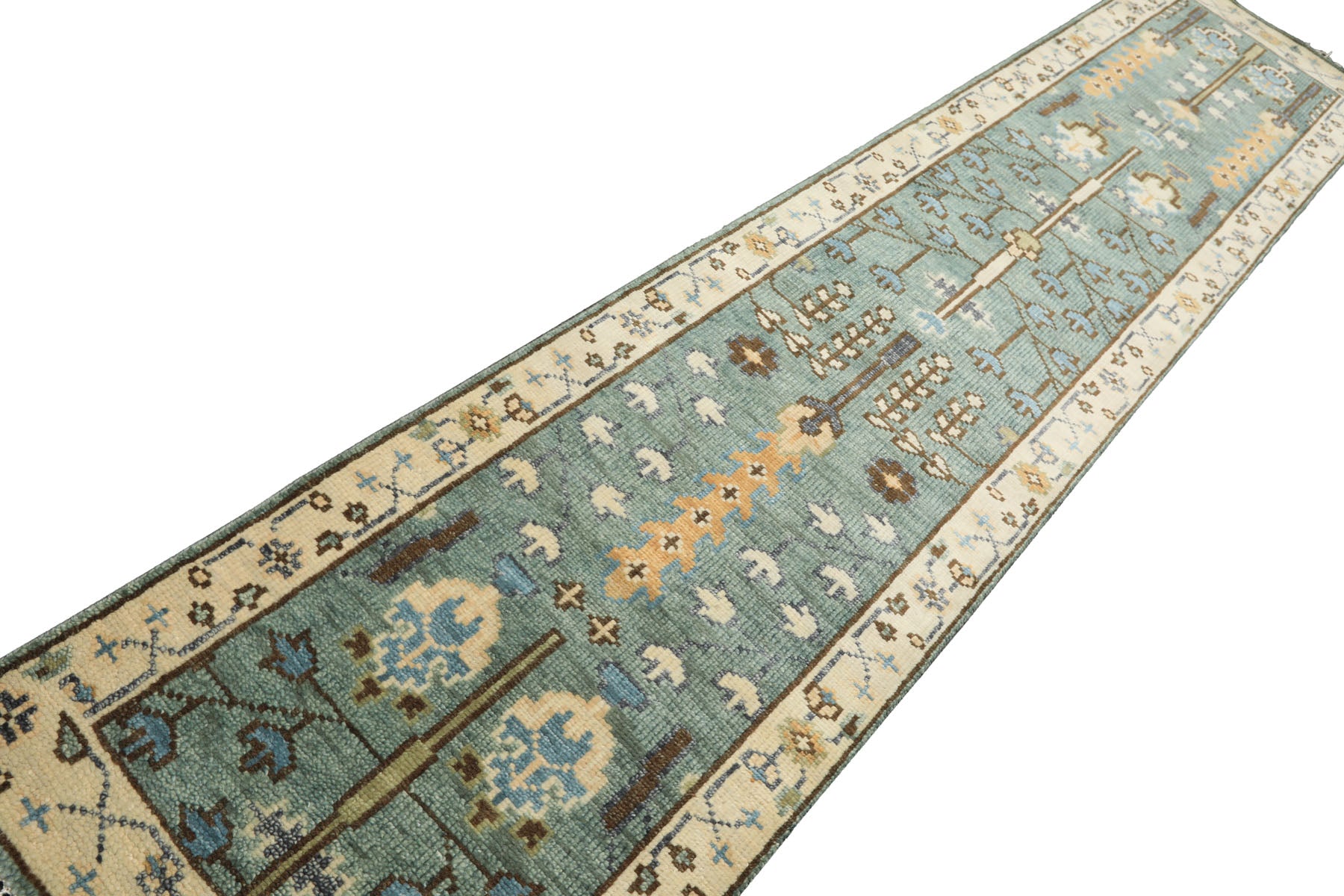 Runner Celadon, Ivory, Brown Color Hand Knotted Oushak Wool Traditional Oriental Rug