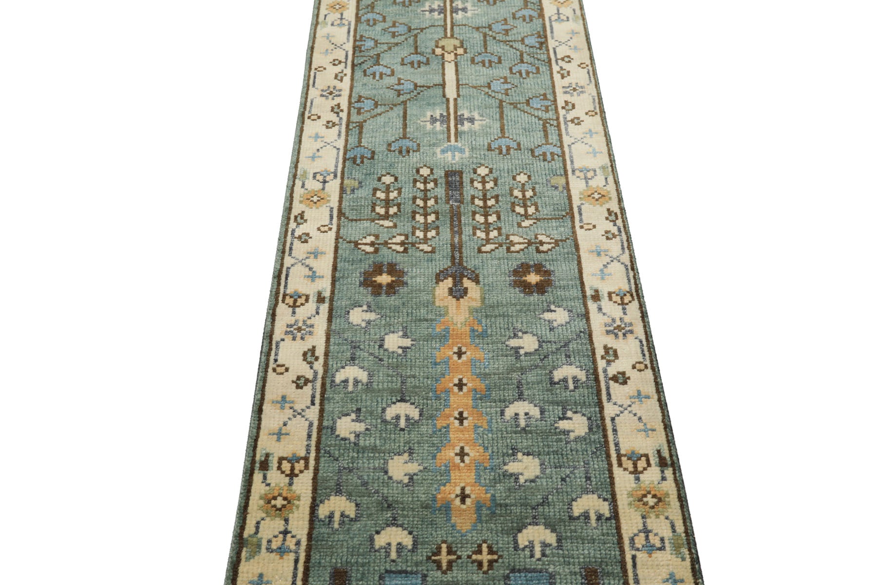 Runner Celadon, Ivory, Brown Color Hand Knotted Oushak Wool Traditional Oriental Rug