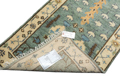 Runner Celadon, Ivory, Brown Color Hand Knotted Oushak Wool Traditional Oriental Rug