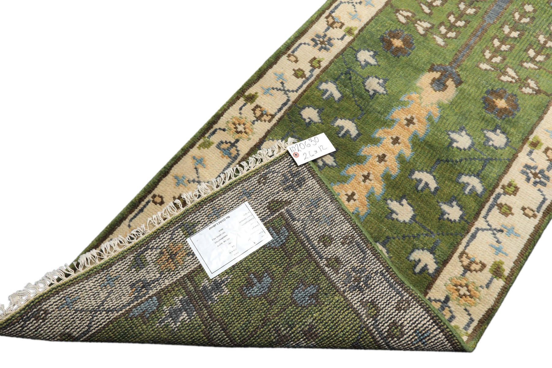 Runner Green, Ivory, Brown Color Hand Knotted Oushak Wool Traditional Oriental Rug