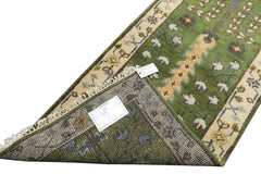 Runner Green, Ivory, Brown Color Hand Knotted Oushak Wool Traditional Oriental Rug