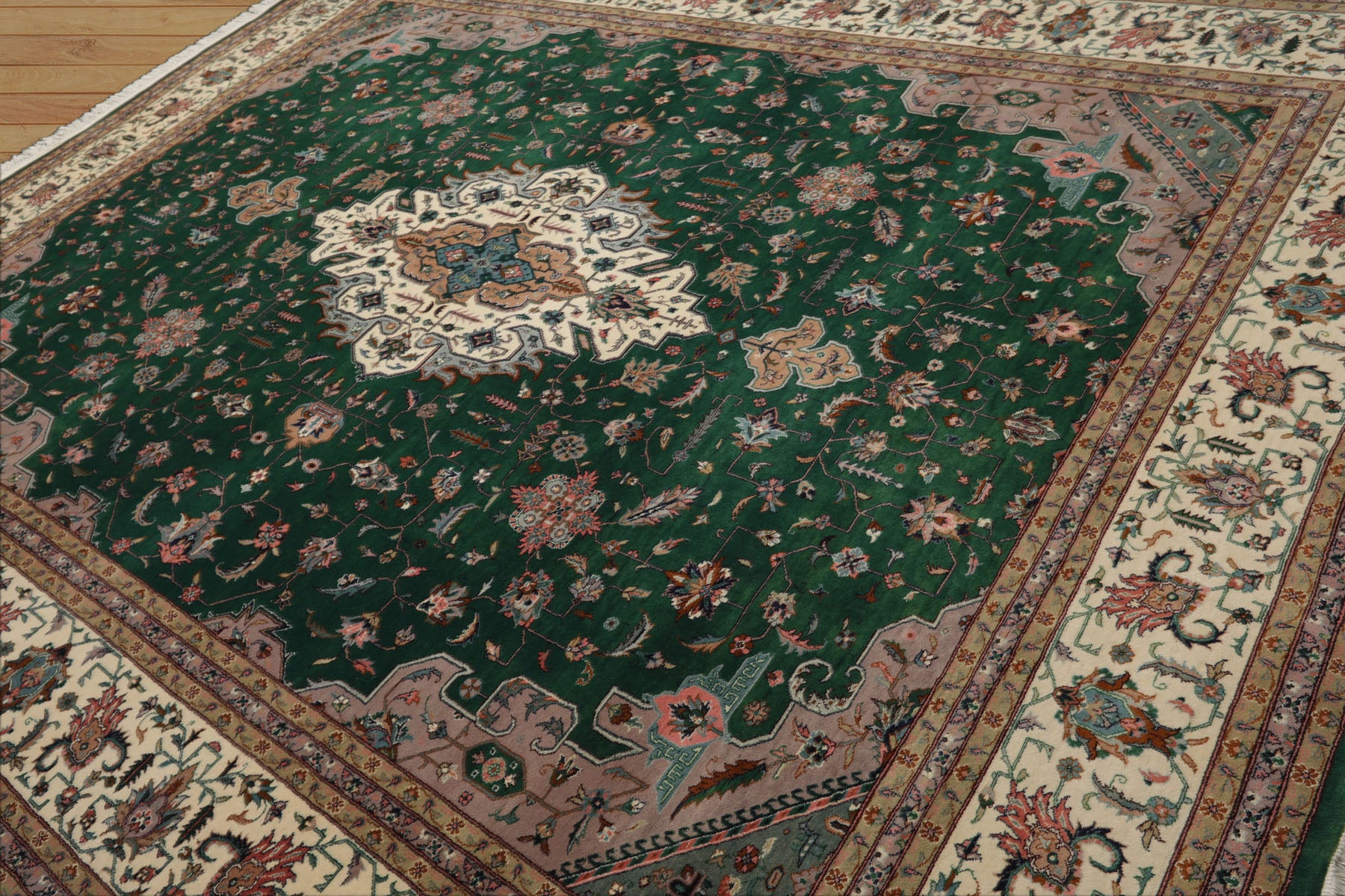 9x12 Green, Ivory, Taupe Color Hand Knotted Pak Persian Wool Traditional Oriental Rug