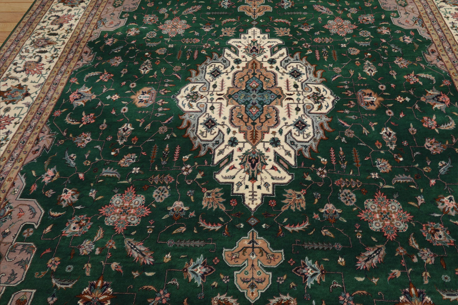 9x12 Green, Ivory, Taupe Color Hand Knotted Pak Persian Wool Traditional Oriental Rug