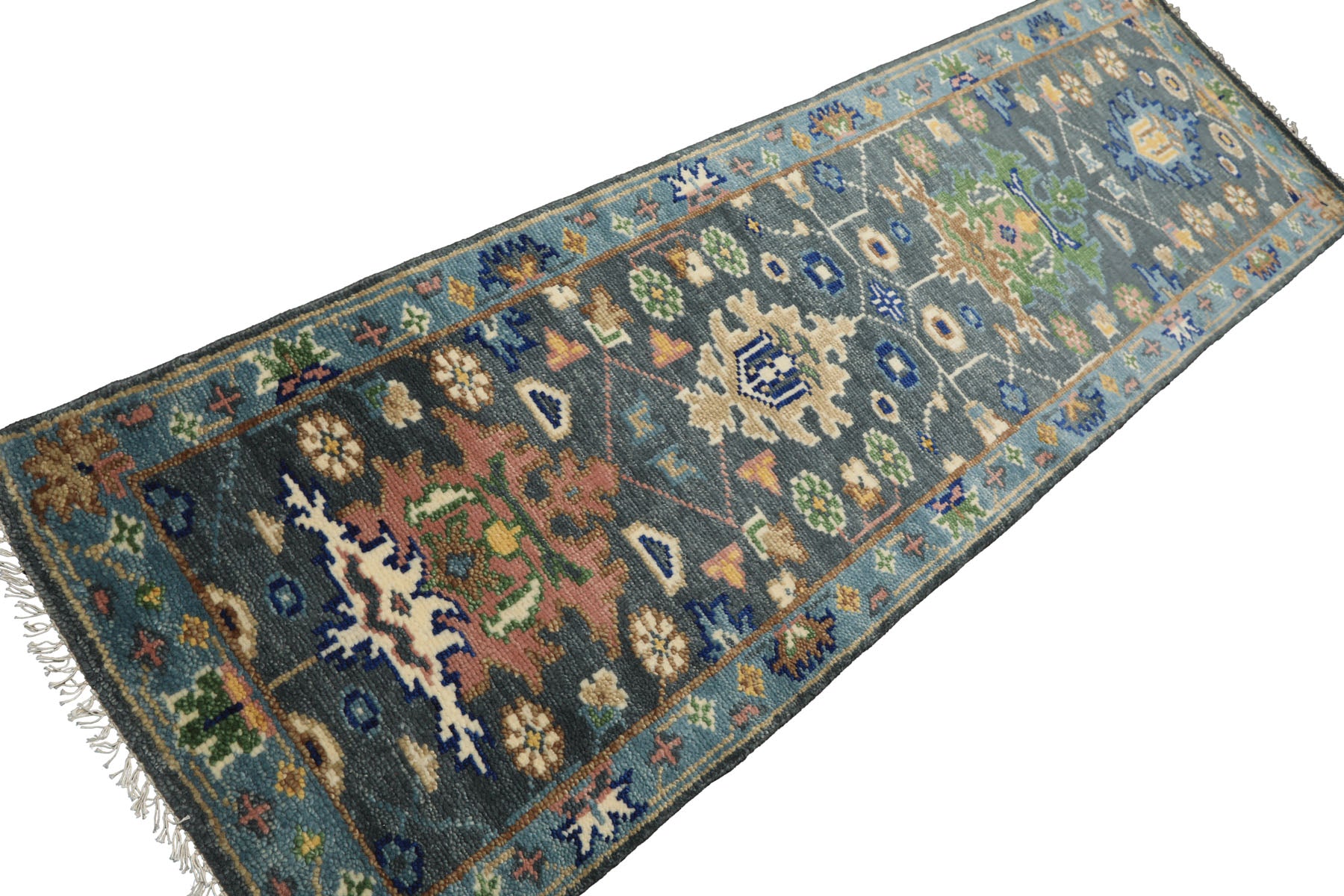 Runner Slate, Blue, Blush Color Hand Knotted Oushak Wool Traditional Oriental Rug