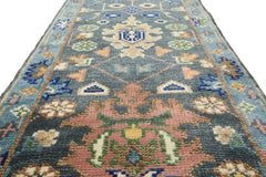 Runner Slate, Blue, Blush Color Hand Knotted Oushak Wool Traditional Oriental Rug
